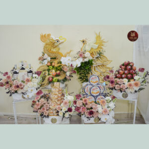 [sssss] 6 mâm quả cưới rồng phụng dát vàng tone nâu cam pastel