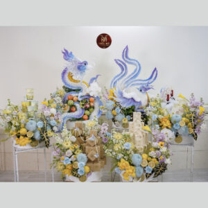 6 mâm quả cưới rồng phụng tone xanh blue mix vàng