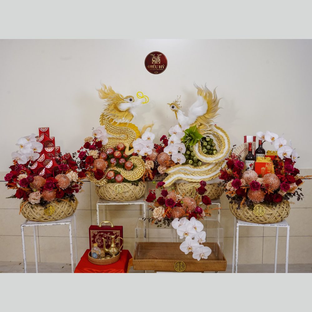 5 tráp rồng phụng dát vàng tone đỏ nâu