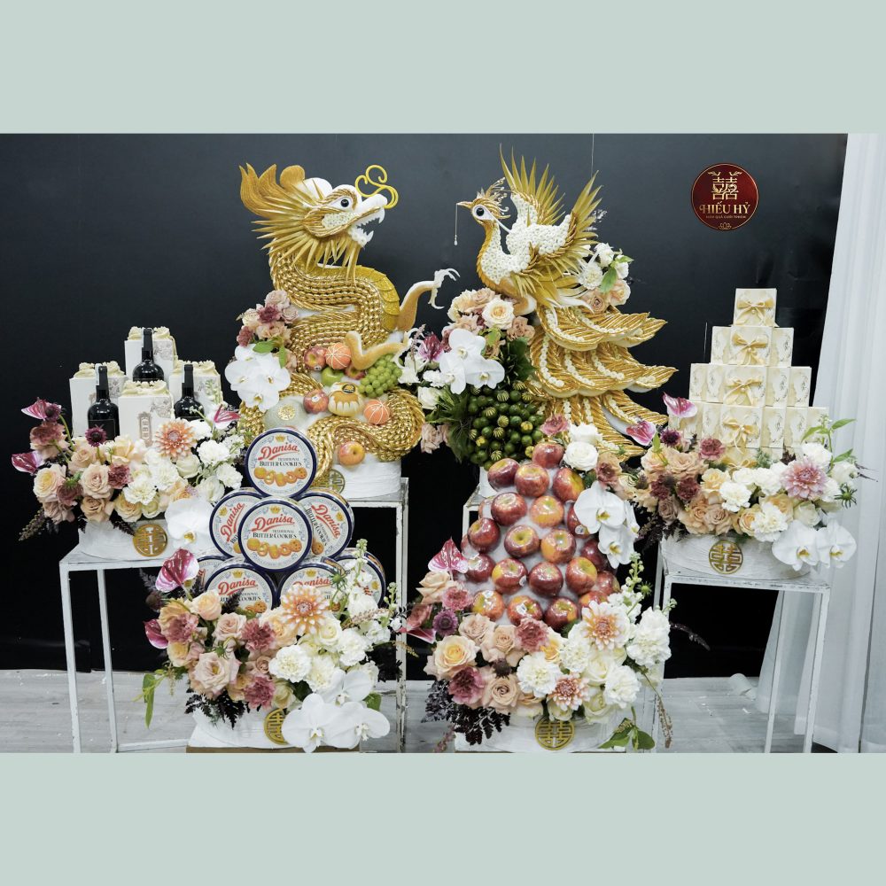 6 mâm rồng phụng dát vàng tone nâu trắng pastel