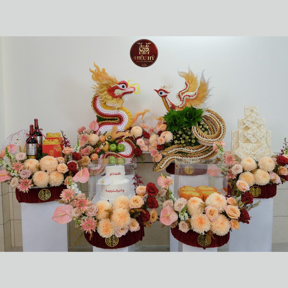 6 mâm rồng phụng vàng cam đế cầu mây tone đỏ 1