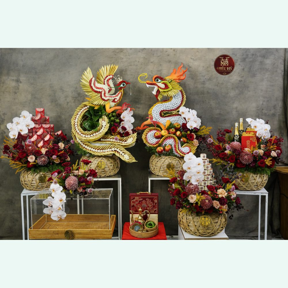 6 tráp cưới rồng phụng tone đỏ vàng kim cúc mẫu đơn