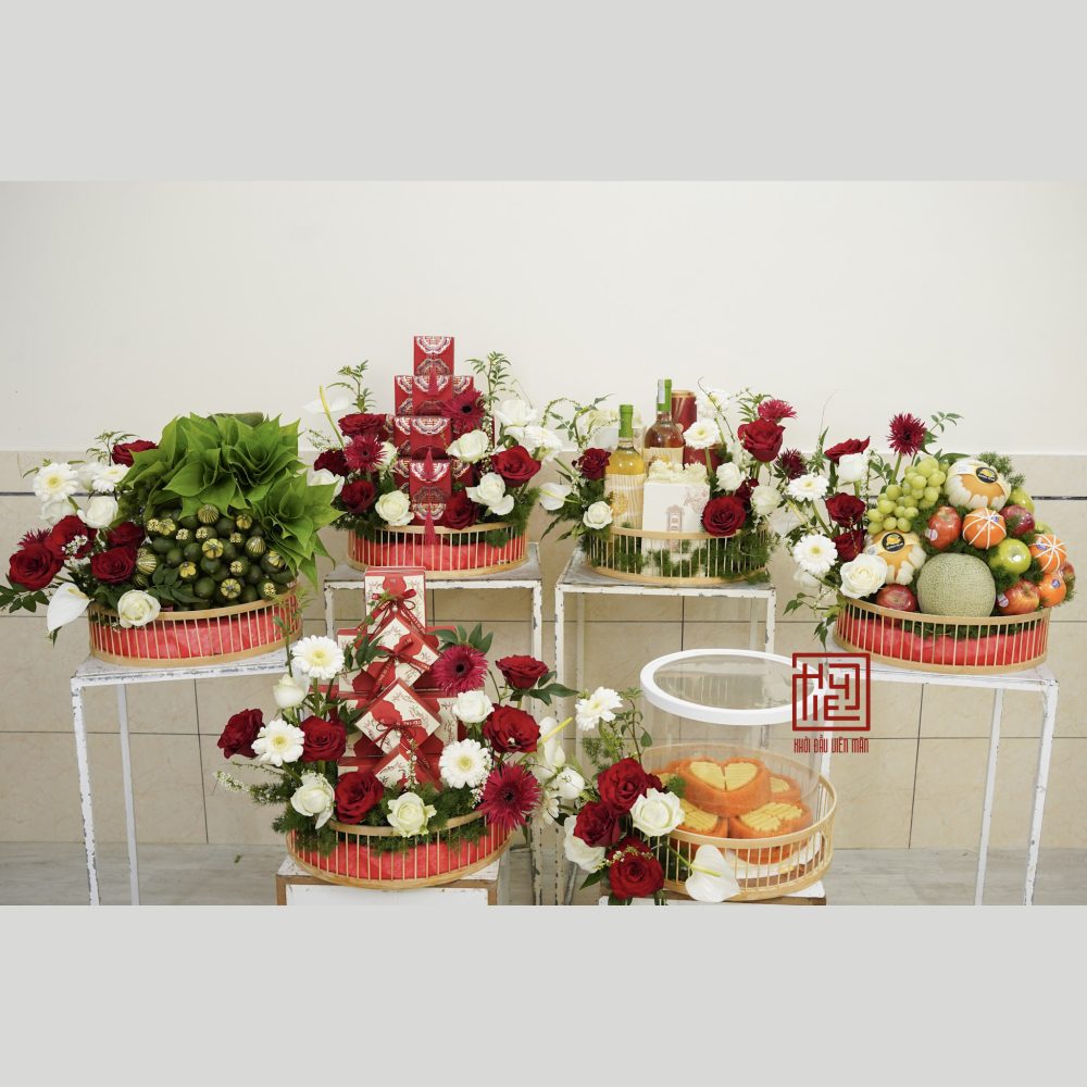 6 tráp cưới tre tone đỏ mix trắng