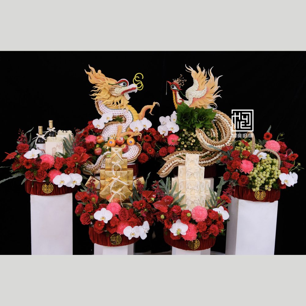 6 tráp rồng phụng vàng tone đỏ mix hồng hiện đại
