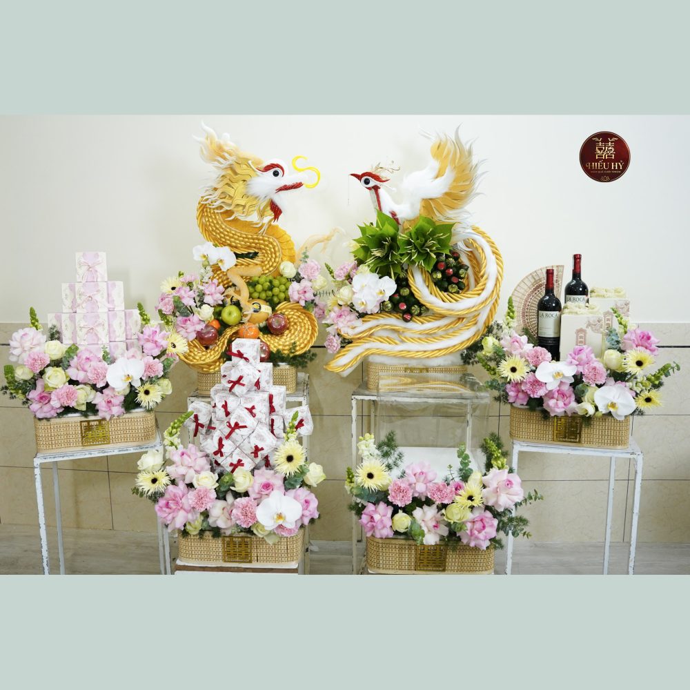 6 tráp rồng phụng vàng tone hồng mix vàng
