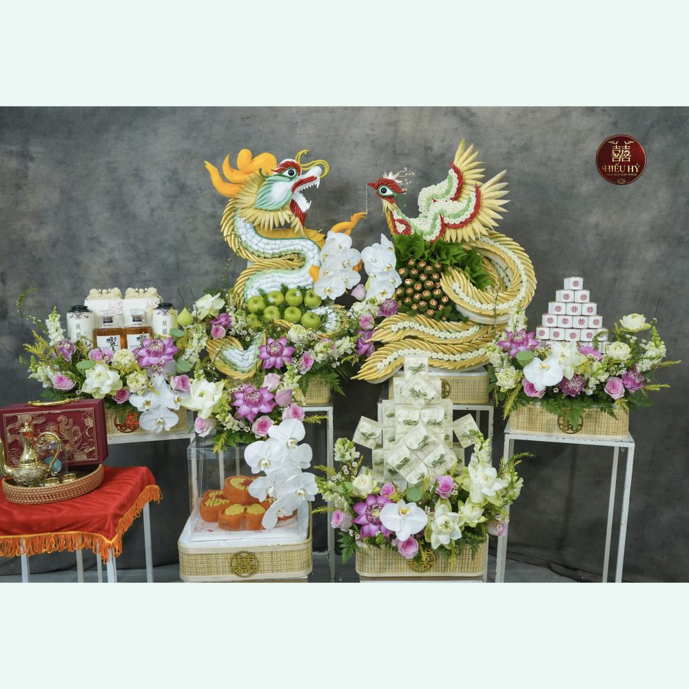 6 tráp rồng phụng vàng tone xanh mix sen hồng
